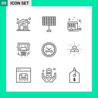 paquete de conjunto de iconos de estilo de 9 líneas. símbolos de contorno para imprimir. signos creativos aislados sobre fondo blanco. 9 conjunto de iconos. vector