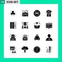 Pack of 16 Solid Style Icon Set. Glyph Symbols for print. Creative Signs Isolated on White Background. 16 Icon Set. vector