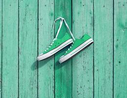 pair of green textile sneakers hanging on a nail on the wall photo