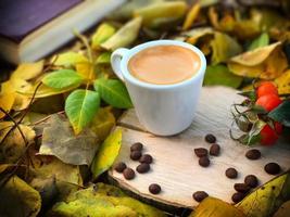 taza blanca de café en un tocón en el bosque de otoño foto