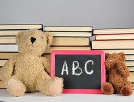 brown teddy bear and empty black board in red frame on the background of pile of books photo