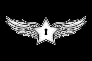 Star with wings art Illustration hand drawn black and white vector for tattoo, sticker, logo etc