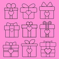 Gift box outline vector illustration. Gift icon design element. Set of present with heart graphic resource. Valentine gift collection