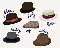 Retro man's hats. Various models of vintage hats. Vector isolated illustration.