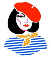 Vector isolated illustration of young woman in beret and striped jacket.