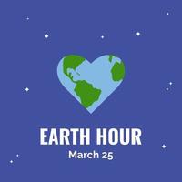 Earth hour poster depicting heart-shaped Earth and 'Earth hour' inscription. Earth hour flat style illustration. vector