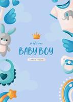 invitación de baby shower con ropa, estrellas, juguetes, sonajero, alas, globos de helio y corazón en azul. letras es un niño. hola bebé celebración, fiesta, evento. pancarta, volante. vector