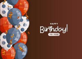 Birthday brown card with shiny balloons, confetti, handwritten lettering. Birthday party, celebration, holiday, event, festive, congratulations. Banner, flyer, postcard, cover template. vector
