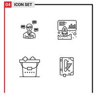 Mobile Interface Line Set of 4 Pictograms of man clean chat launch wash Editable Vector Design Elements