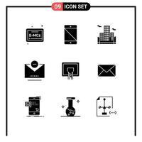 9 Thematic Vector Solid Glyphs and Editable Symbols of board basket building backboard mail Editable Vector Design Elements