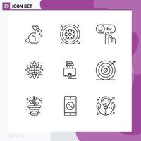 Pack of 9 Modern Outlines Signs and Symbols for Web Print Media such as gear develop emotion business support Editable Vector Design Elements