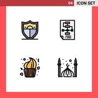 4 Thematic Vector Filledline Flat Colors and Editable Symbols of shield cake business process day Editable Vector Design Elements