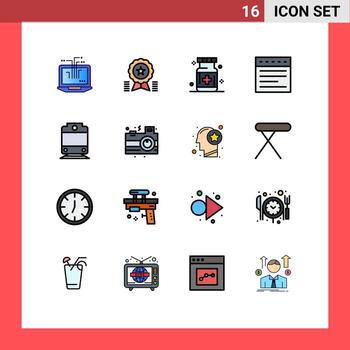 Pictogram Set of 16 Simple Flat Color Filled Lines of railway web ribbon tabs medical Editable Creative Vector Design Elements