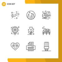 Group of 9 Modern Outlines Set for heart flower helicopter love science Editable Vector Design Elements