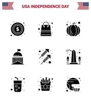 Big Pack of 9 USA Happy Independence Day USA Vector Solid Glyphs and Editable Symbols of fire irish american ireland flag Editable USA Day Vector Design Elements