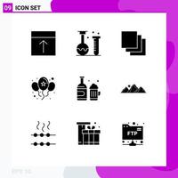 Pack of 9 Modern Solid Glyphs Signs and Symbols for Web Print Media such as bottle party laboratory celebrate layers Editable Vector Design Elements