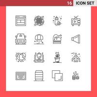 Universal Icon Symbols Group of 16 Modern Outlines of vehicles video knot play tv Editable Vector Design Elements