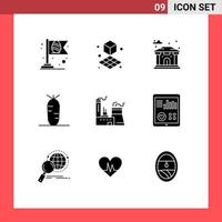 Mobile Interface Solid Glyph Set of 9 Pictograms of monitoring factory city construction vegetables Editable Vector Design Elements