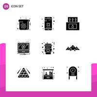 9 Universal Solid Glyphs Set for Web and Mobile Applications drink coffee camp warning notification Editable Vector Design Elements