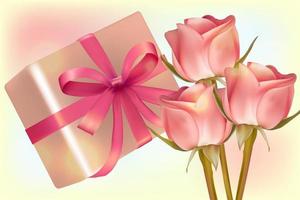 Three roses and a gift box on a light background. Universal holiday background. Vector image