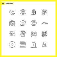 Mobile Interface Outline Set of 16 Pictograms of laptop security building lock hotel Editable Vector Design Elements