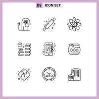 Pack of 9 Modern Outlines Signs and Symbols for Web Print Media such as economy currency bread rolling pin coin chemistry Editable Vector Design Elements