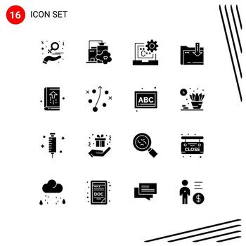 16 concepto de glifo sólido para sitios web móviles y aplicaciones flecha dawonlod carpeta de contaminación desarrollar elementos de diseño vectorial editables vector