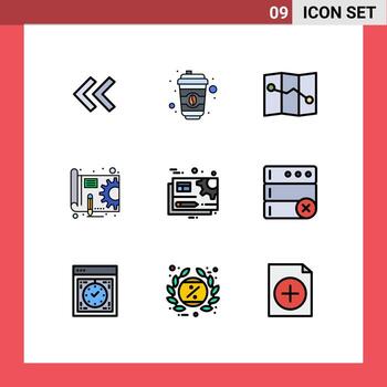 9 colores planos universales de línea de llenado establecidos para la base de datos de aplicaciones web y móviles que configuran elementos de diseño vectorial editables de documentos de engranajes de impresión azul vector