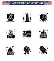 conjunto de 9 iconos del día de los ee.uu. símbolos americanos signos del día de la independencia para el edificio de la estación del escudo de la policía de la bandera elementos de diseño del vector del día de los ee.uu. editables