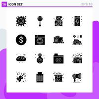 Modern Set of 16 Solid Glyphs and symbols such as dollar music recorder birthday mobile mic photograph Editable Vector Design Elements