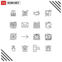 Universal Icon Symbols Group of 16 Modern Outlines of process saw megaphone cutting blade Editable Vector Design Elements