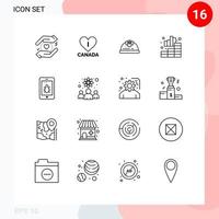 Group of 16 Modern Outlines Set for knowledge worker security building mobile chart Editable Vector Design Elements