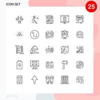 Pack of 25 Modern Lines Signs and Symbols for Web Print Media such as shopping online stick fire computer bean Editable Vector Design Elements