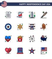 Happy Independence Day 4th July Set of 16 Flat Filled Lines American Pictograph of glass sports monument bat ball Editable USA Day Vector Design Elements