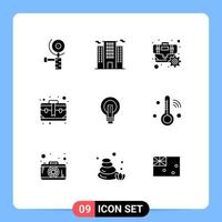 9 Thematic Vector Solid Glyphs and Editable Symbols of business bulb cog case brief Editable Vector Design Elements