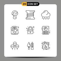 Pictogram Set of 9 Simple Outlines of secure closed snow party mail Editable Vector Design Elements