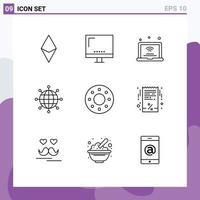 Group of 9 Modern Outlines Set for modern connections monitor business iot Editable Vector Design Elements