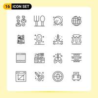 16 Universal Outlines Set for Web and Mobile Applications construction tools satellite stare globe Editable Vector Design Elements