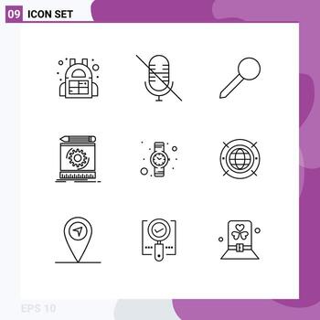 Set of 9 Vector Outlines on Grid for watch hand watch marker prototyping process Editable Vector Design Elements