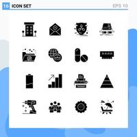 Set of 16 Vector Solid Glyphs on Grid for gaming console communication shield energy Editable Vector Design Elements