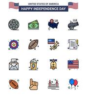 Group of 16 Flat Filled Lines Set for Independence day of United States of America such as badge american location mortar cannon Editable USA Day Vector Design Elements