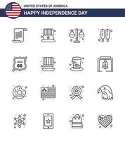 Modern Set of 16 Lines and symbols on USA Independence Day such as sign security court food corn dog Editable USA Day Vector Design Elements
