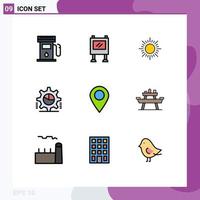 Universal Icon Symbols Group of 9 Modern Filledline Flat Colors of map statistics sun settings gear Editable Vector Design Elements