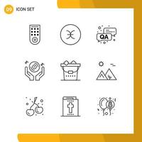 Group of 9 Outlines Signs and Symbols for wash clean qa party hand Editable Vector Design Elements