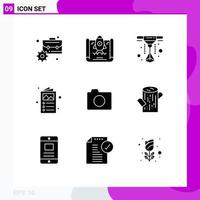 Modern Set of 9 Solid Glyphs and symbols such as log photo printer image catalogue Editable Vector Design Elements