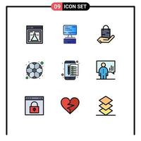 Set of 9 Vector Filledline Flat Colors on Grid for archive soccer bag football hand Editable Vector Design Elements