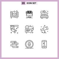 Pack of 9 Modern Outlines Signs and Symbols for Web Print Media such as chat spotlight bed light bright Editable Vector Design Elements