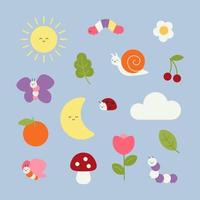 Simple cartoon nature elements - insects, plants and weather vector