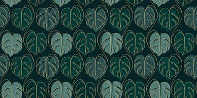 Continuous One Line Art Pattern in Monstera Leaf Shapes on Dark Green Background. Perfect for Wall Decorations, Book Covers, Magazines, Posters, Flyers, and Other Design Purposes. vector