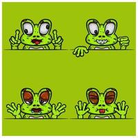 conjunto de dibujos animados de cara de rana de expresión. Expresión facial loca, malvada, hambrienta y burlona. con gradiente simple. vector